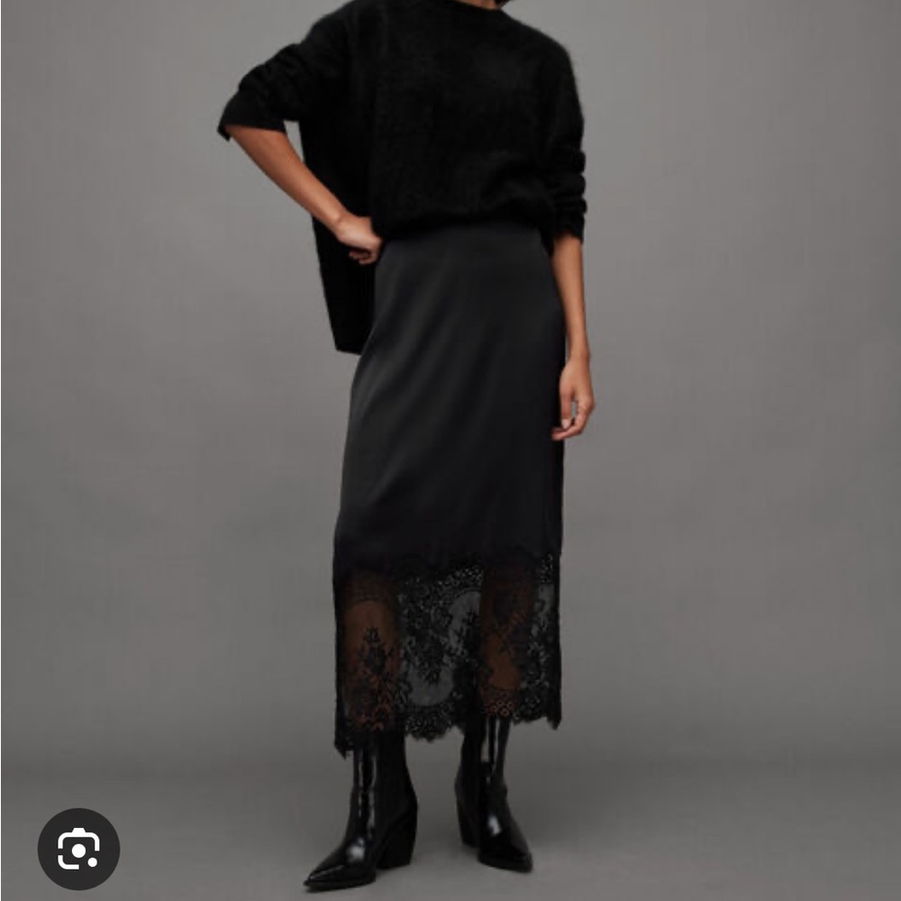 All Saints Black Lace-Hem Midi Skirt